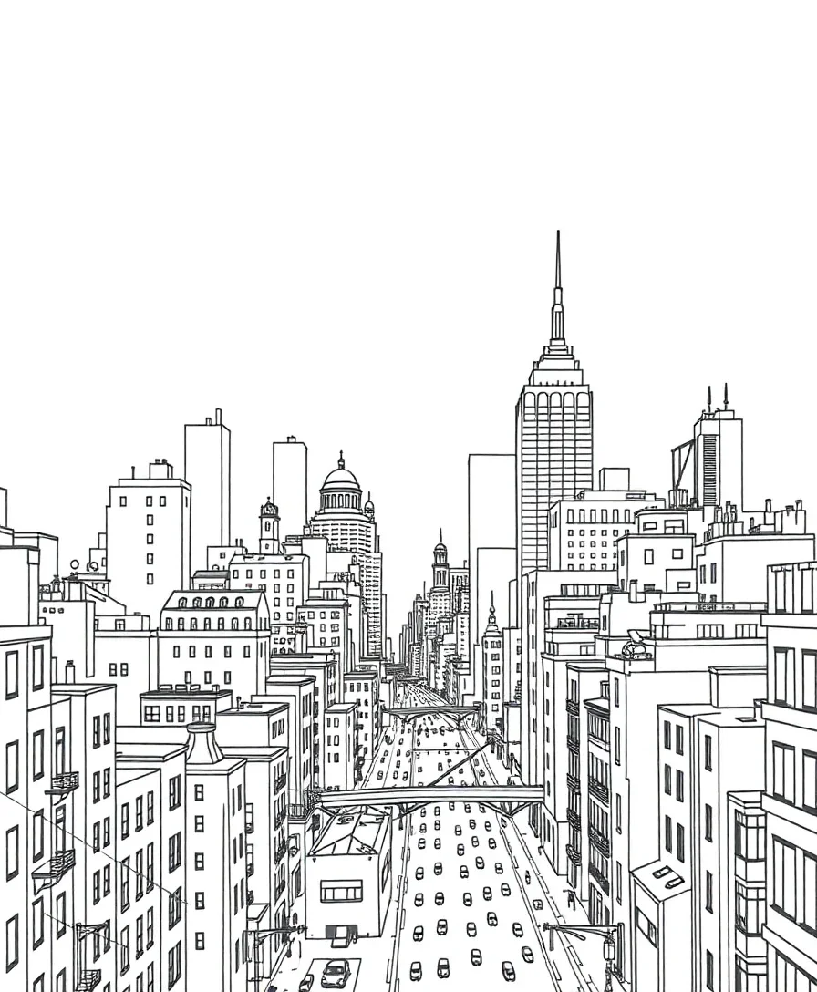 A cityscape featuring a detailed skyline and bustling streets, ideal for coloring