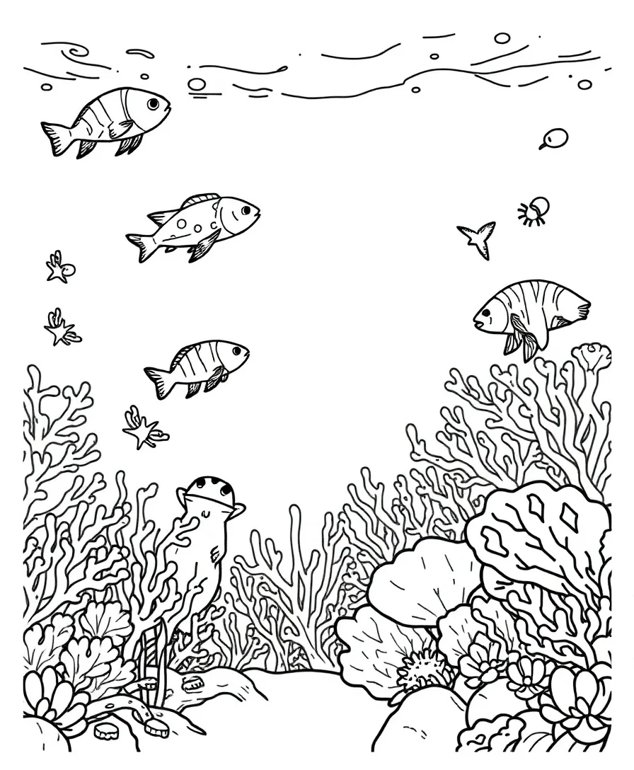 An underwater scene featuring sea creatures and coral reefs with bold outlines for coloring