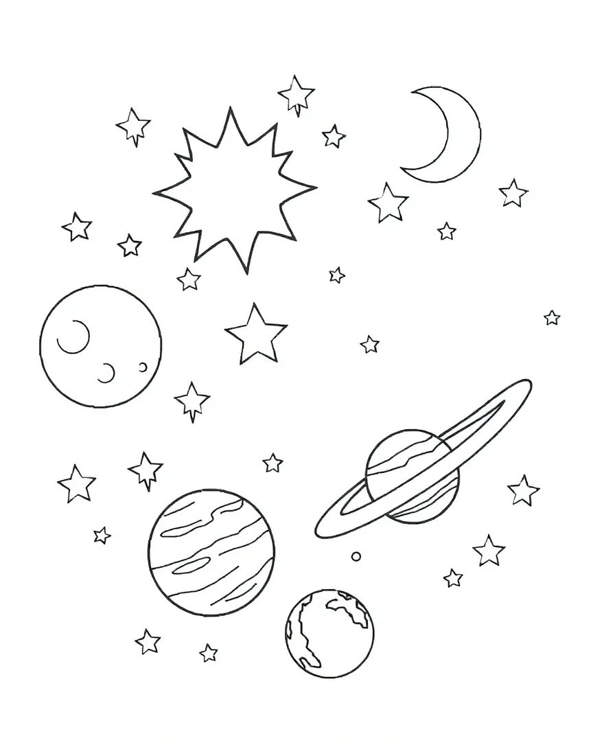 Celestial bodies including stars, moons, and planets with bold outlines for a cosmic coloring journey