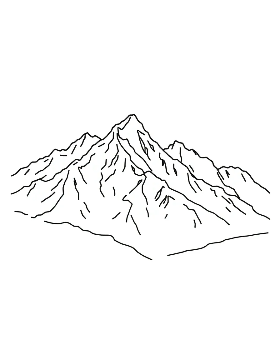 Line art of majestic mountain ranges with bold outlines