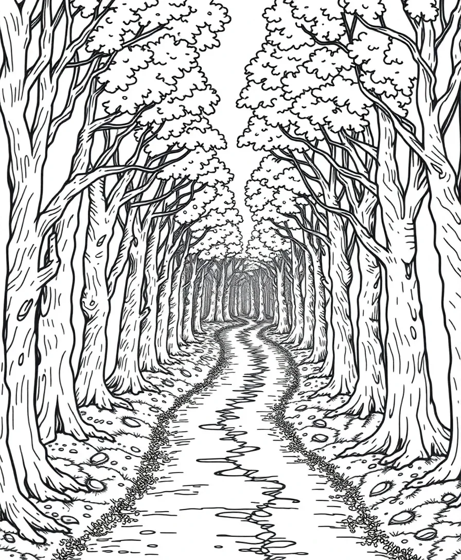 Line art of a serene forest path with intricate tree patterns