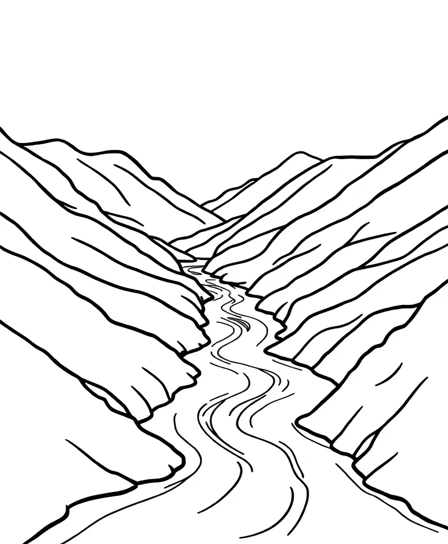 Line art of an idyllic river valley with smooth lines
