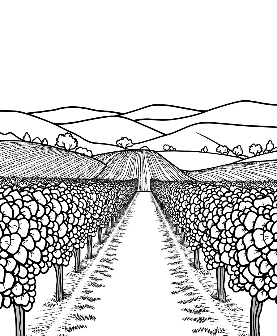 Line art of a vineyard with structured rows of grapevines