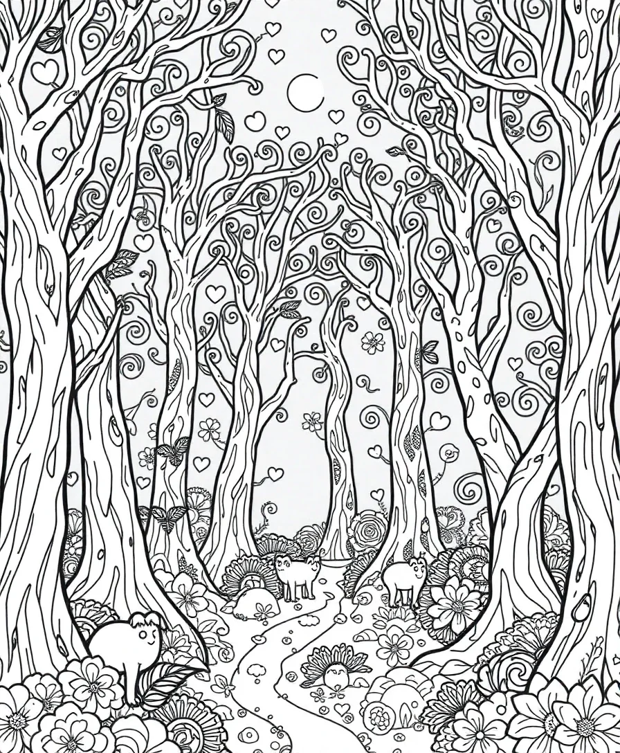 Line art of an enchanted forest with whimsical trees