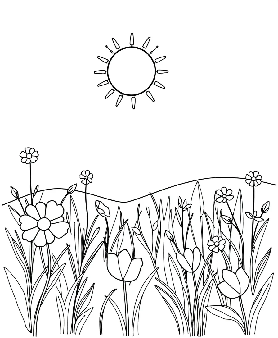Line art of a sunny meadow with clean lines and flowing forms