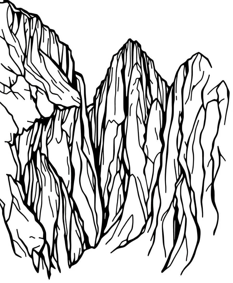 Line art of majestic cliffs with bold outlines