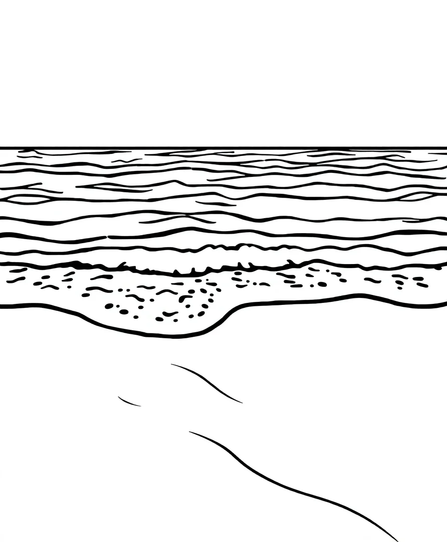 Line art of a tranquil beach scene with bold outlines