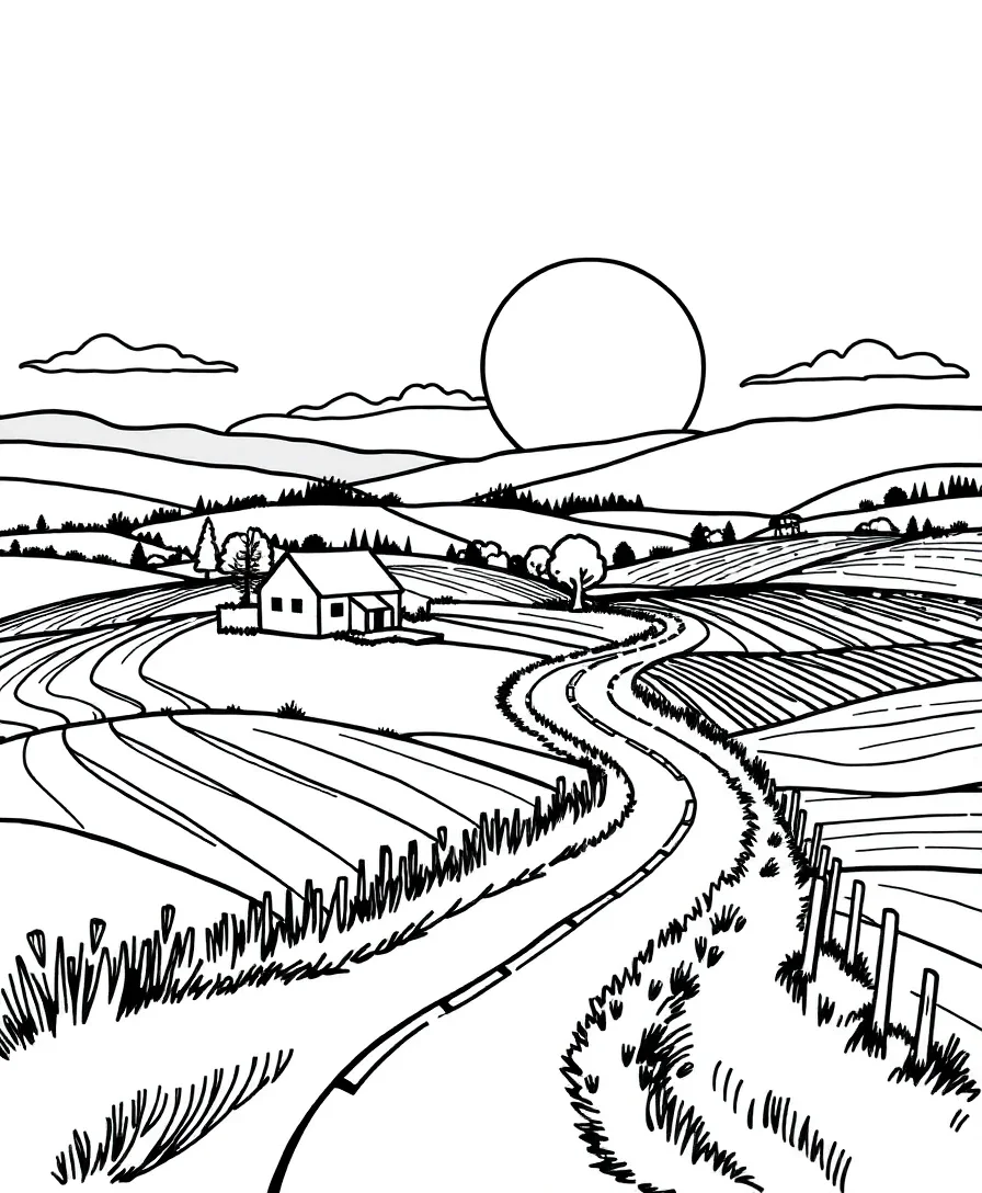 Line art of a rustic countryside with simple farmhouses