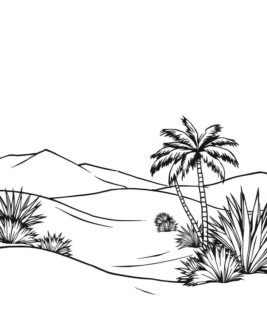 Line art of a desert oasis with bold sand dunes