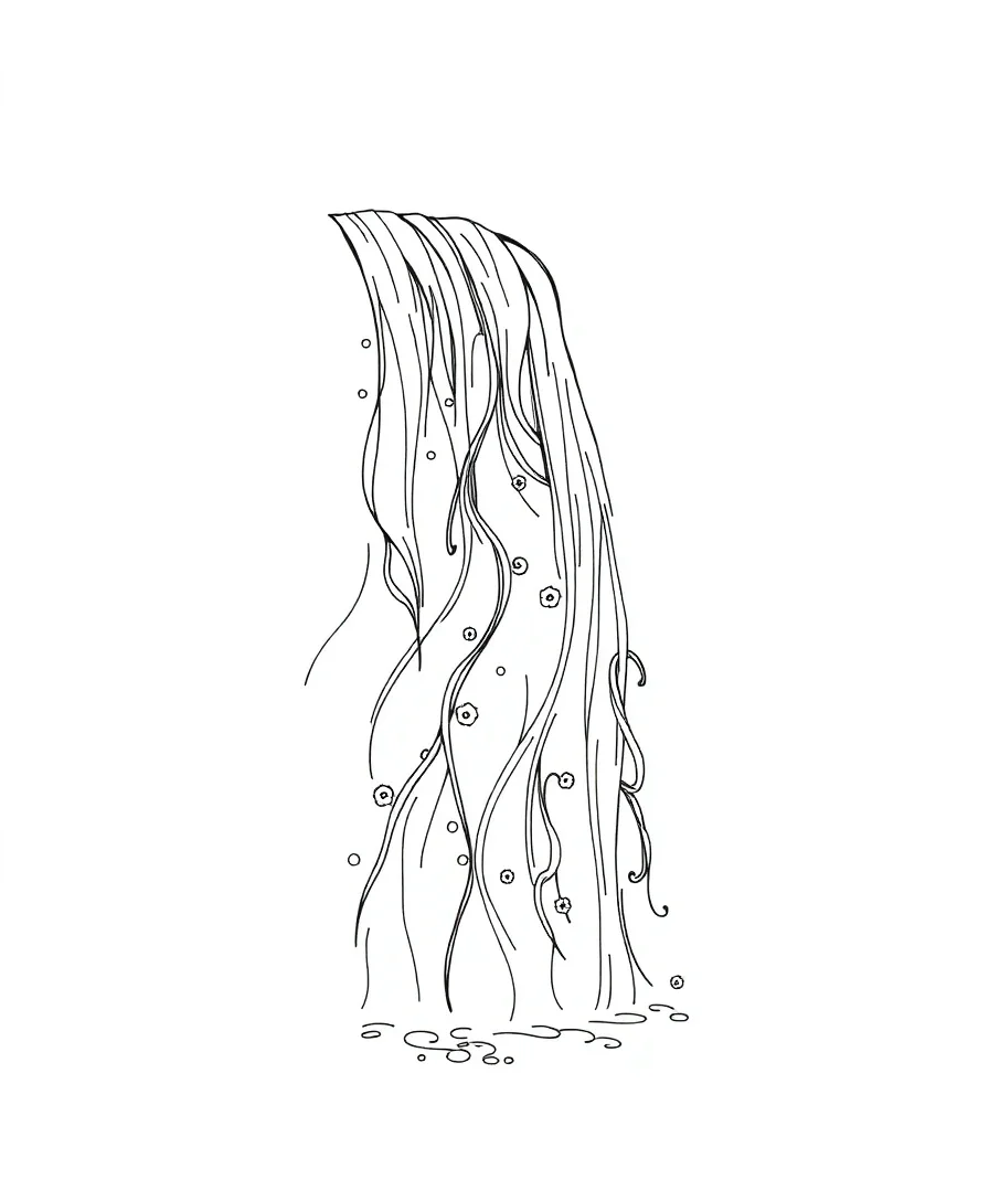 Line art of a misty waterfall with delicate flowing lines