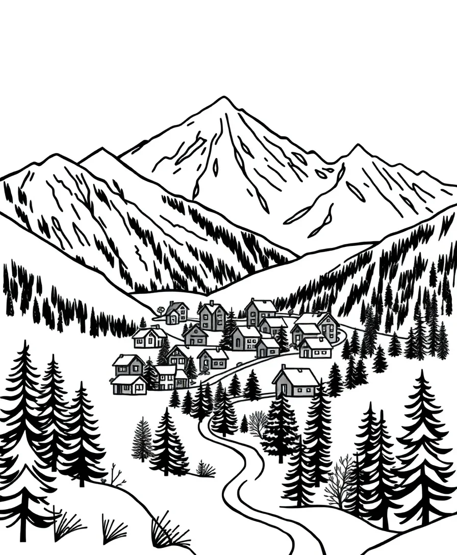 Line art of a snowy mountain village with bold outlines