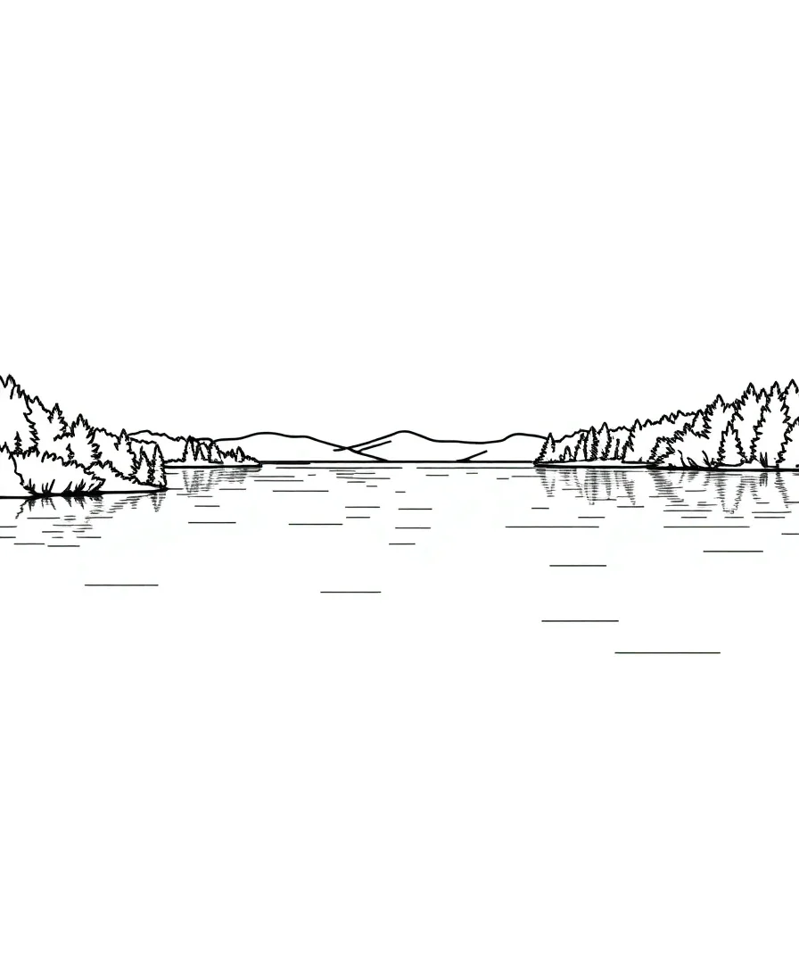 Line art of a peaceful lake view with calm waters