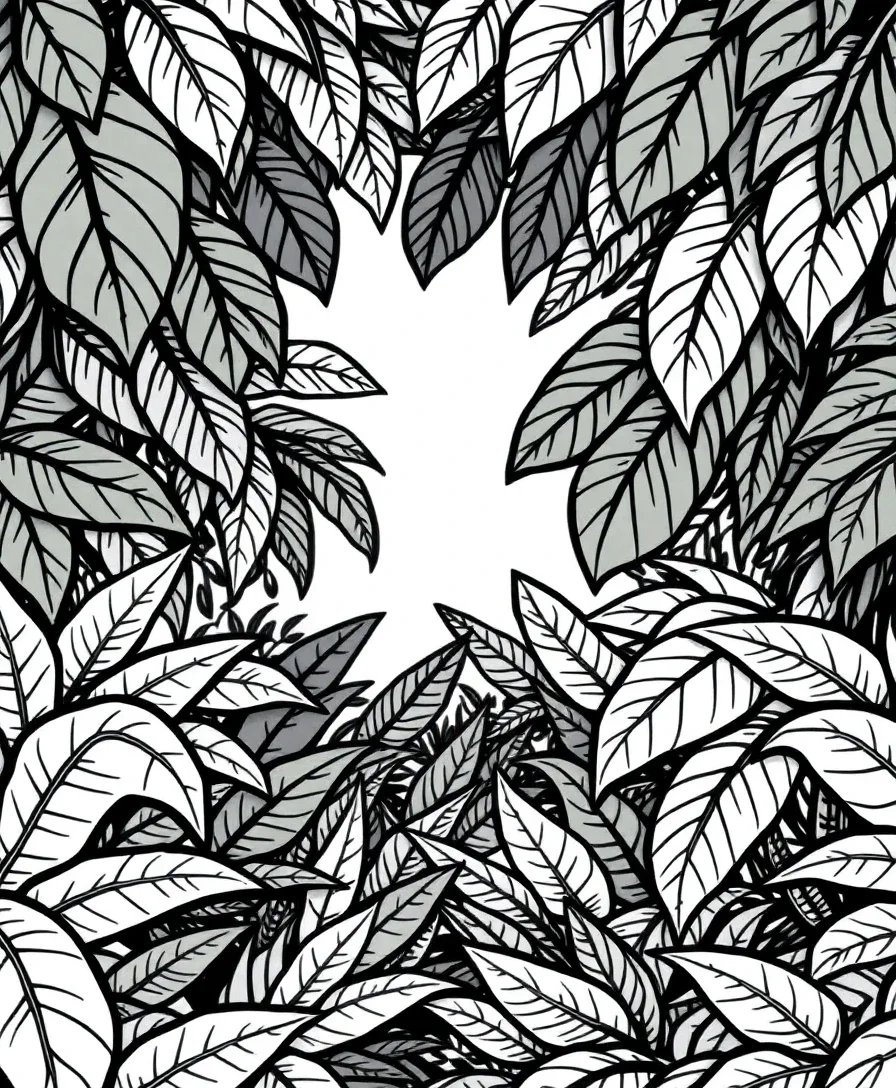 Line art of a lush jungle canopy with intricate foliage