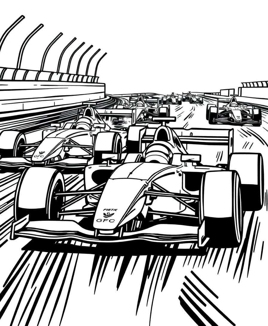 Dynamic racing scene with multiple F1 cars in motion