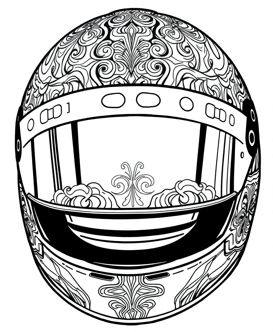 Detailed F1 helmet with bold outlines and intricate designs
