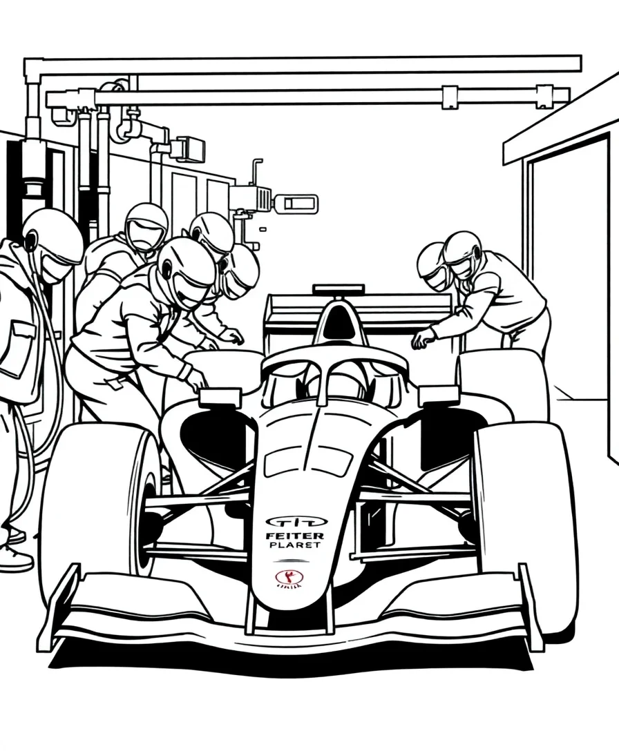 Detailed scene of an F1 pit crew working on a car