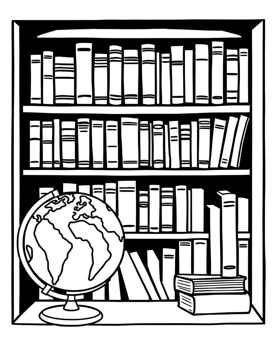Line art of a bookshelf filled with books and a globe