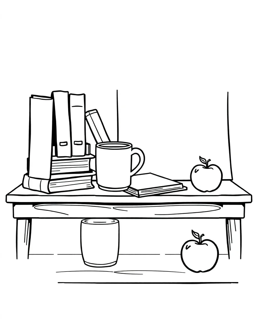 Outline of a teacher's desk with books and a mug