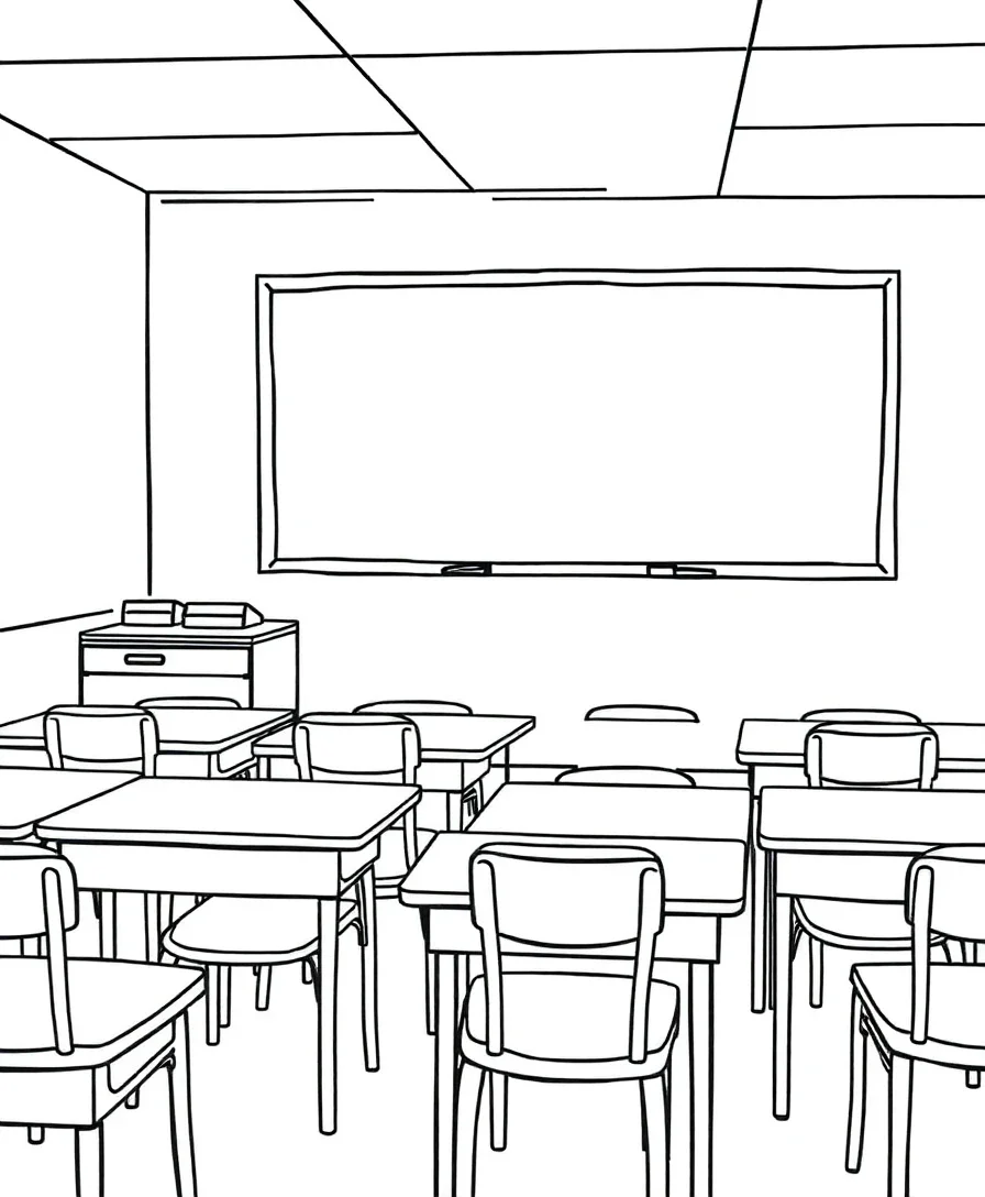 Line art of a classroom with desks and a blackboard