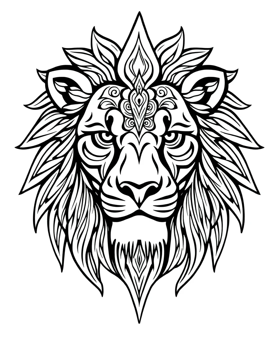 Line art of a lion face featuring tribal patterns