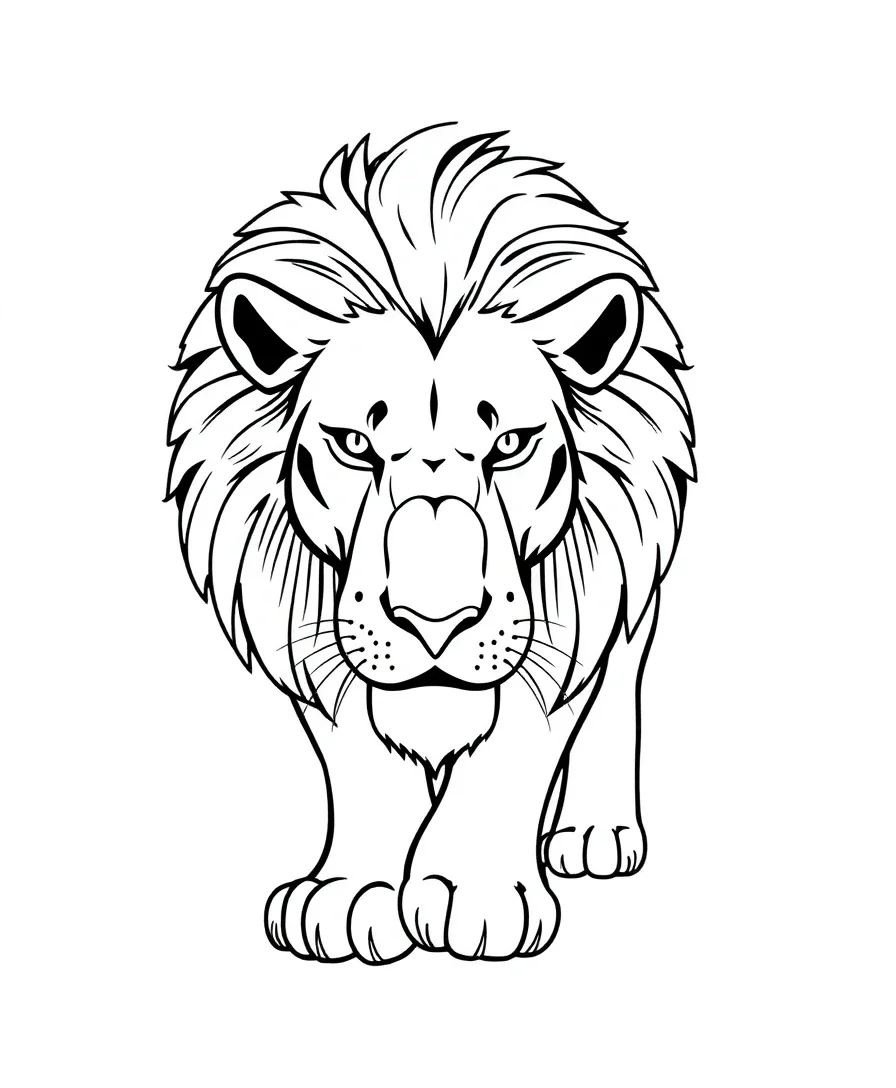 Line art of a prowling lion with bold outlines