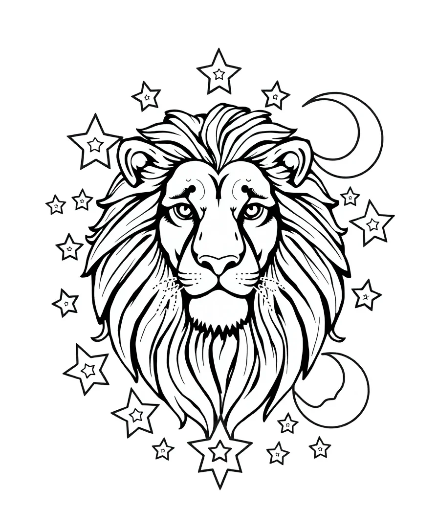 Line art of a lion with celestial patterns