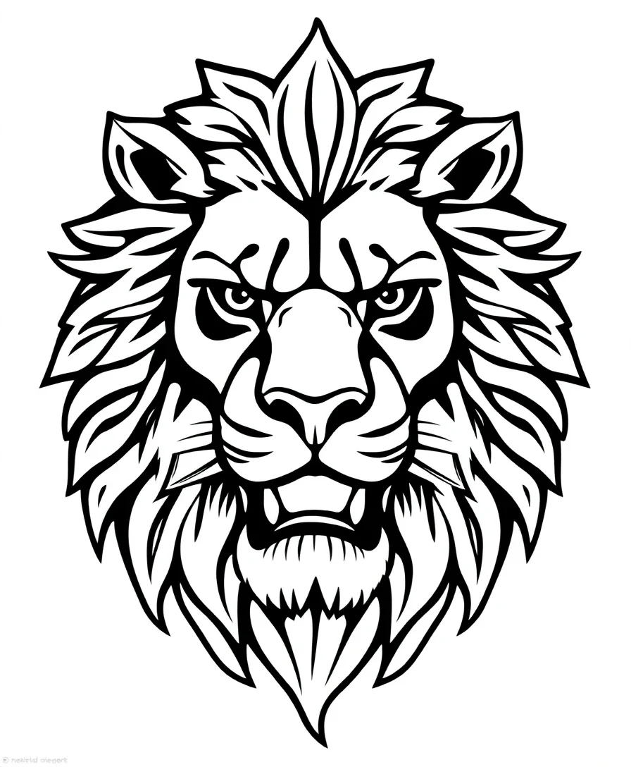 Line art of a symbolic lion head with bold outlines