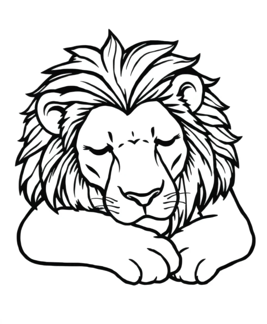 Line art of a sleeping lion with soft lines