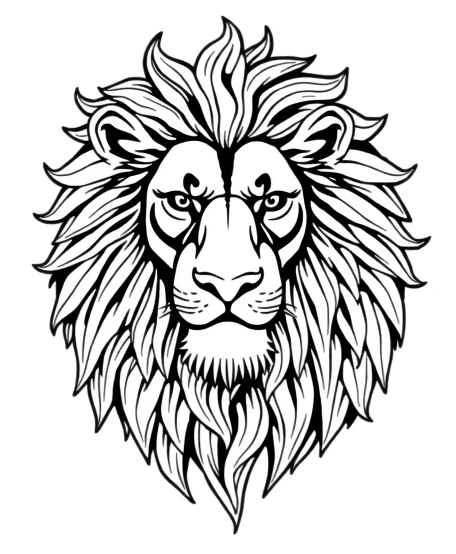 Line art of a lion with an intricate and detailed mane