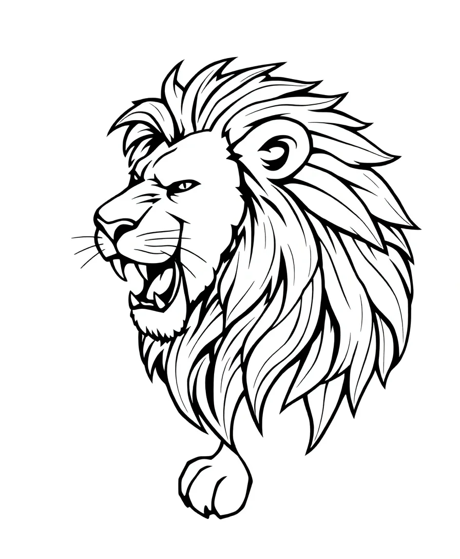 Line art of a lion roaring in a side profile with bold outlines