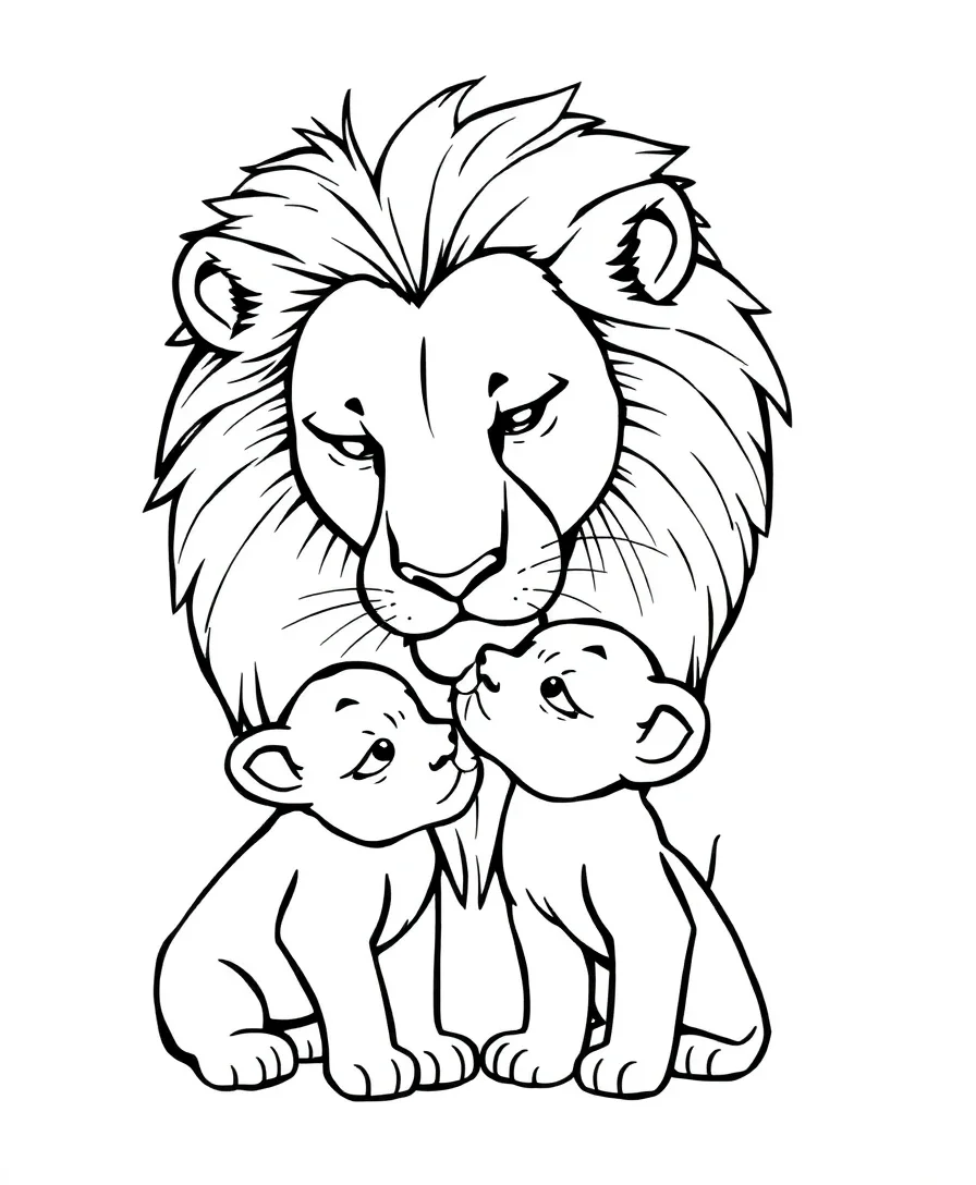 Line art of a lion and cub nuzzling with soft outlines
