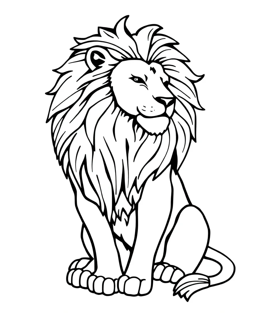 Line art of a lion sitting with a regal pose and detailed mane