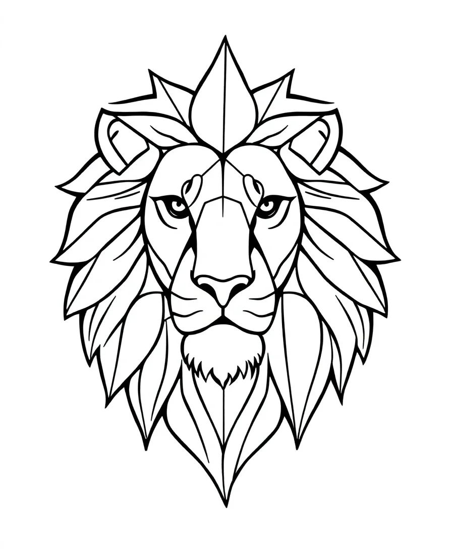 Line art of an abstract lion featuring geometric patterns