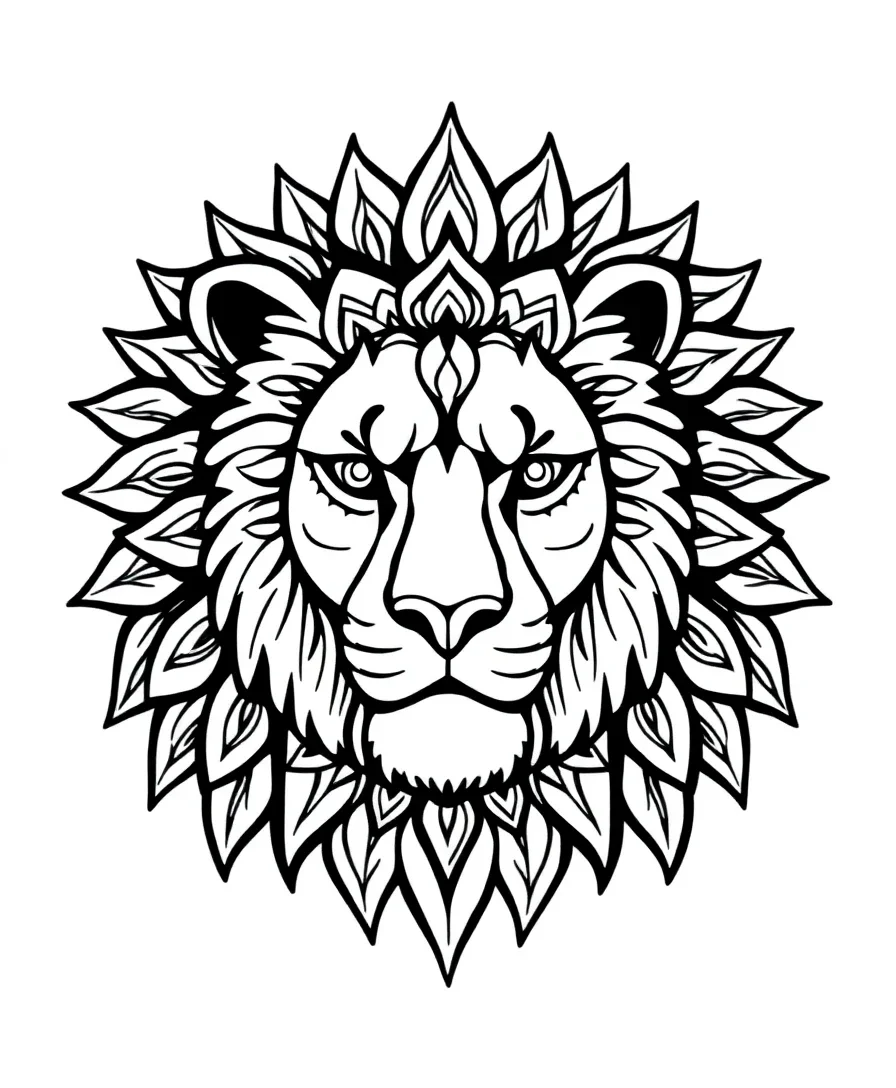 Line art of a lion head with an intricate mandala mane