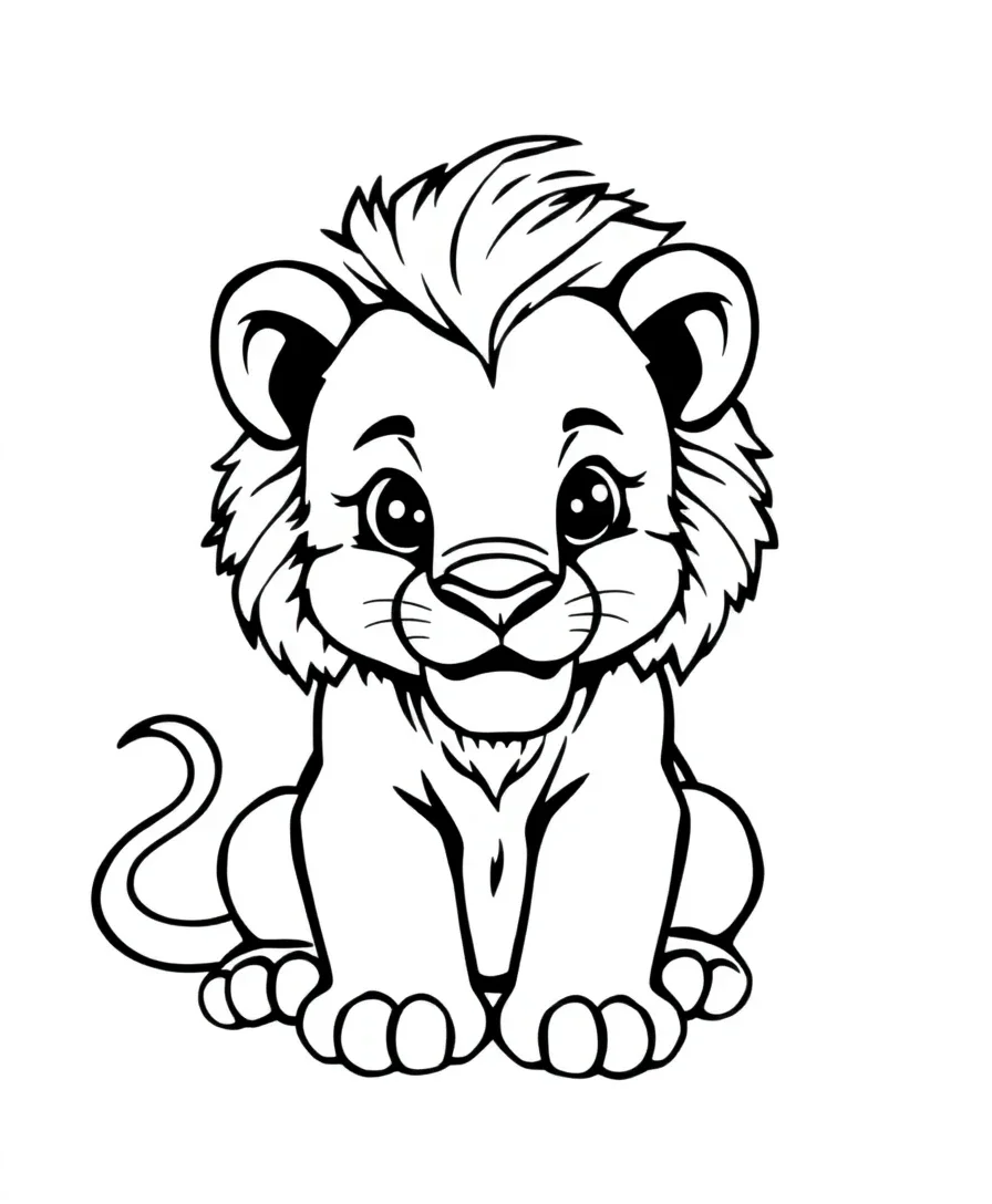 Line art of a playful lion cub with bold outlines