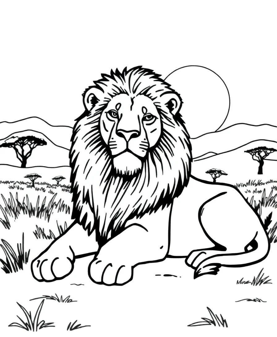 Line art of a lion resting in the savannah with simple lines