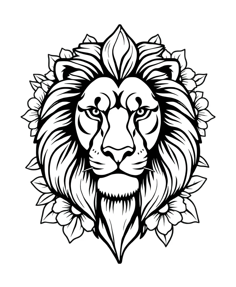 Line art of a lion head with floral decorations