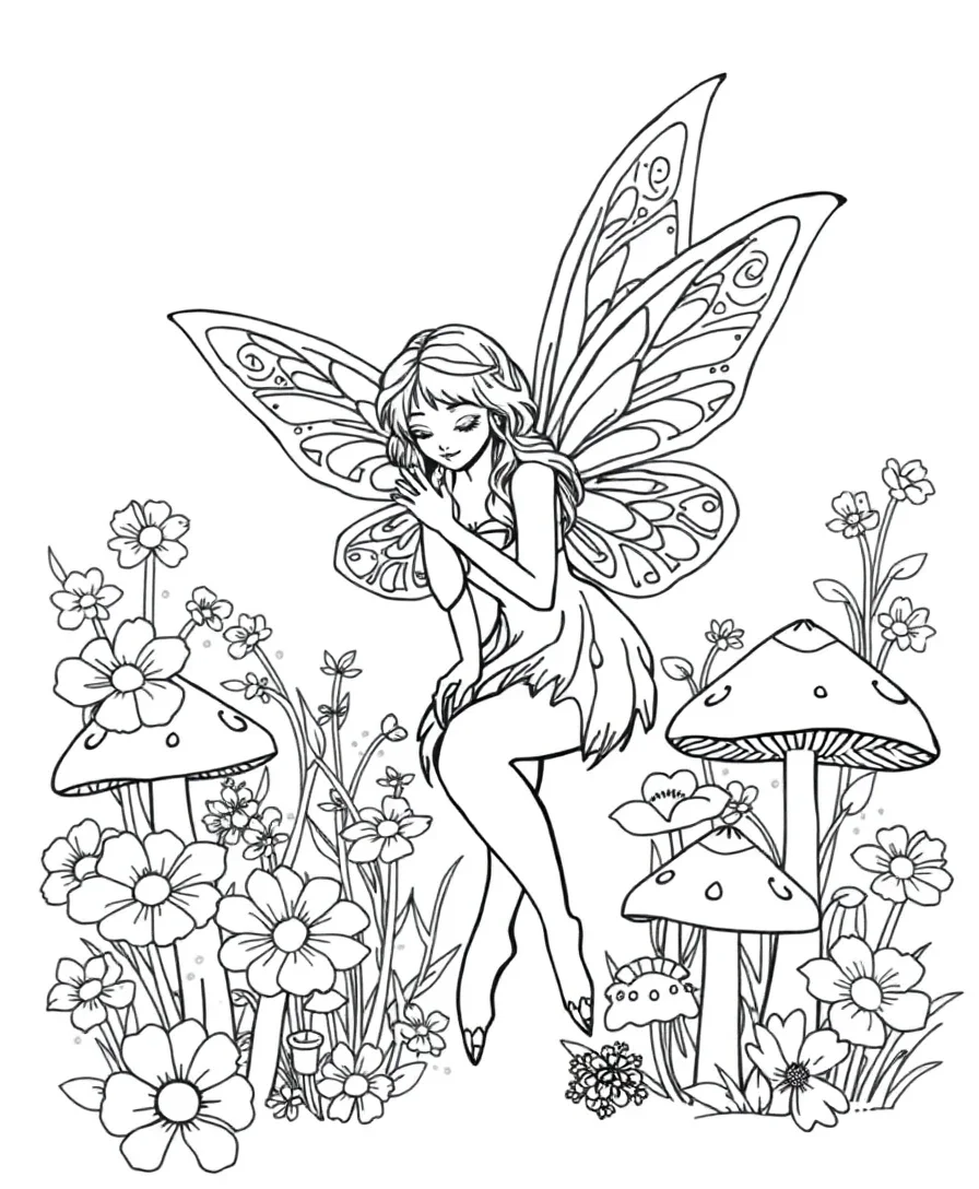 A fairy with detailed wings amidst flowers and toadstools, perfect for coloring