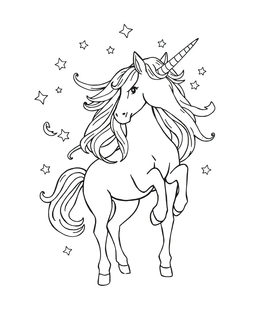A unicorn with a detailed mane and stars, ideal for coloring enthusiasts