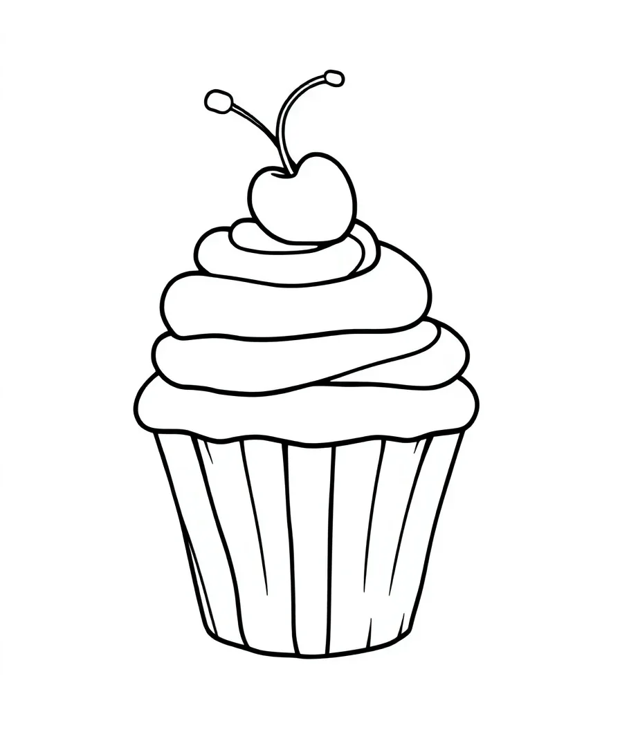 A detailed cupcake with icing and cherry, perfect for coloring