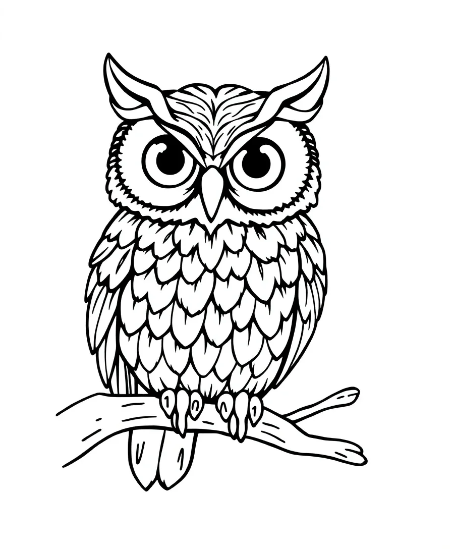 A detailed owl with feathers and wide eyes, great for coloring