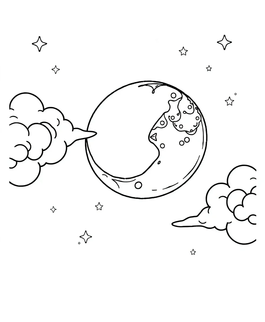 A detailed moonlit night with stars and clouds, great for coloring