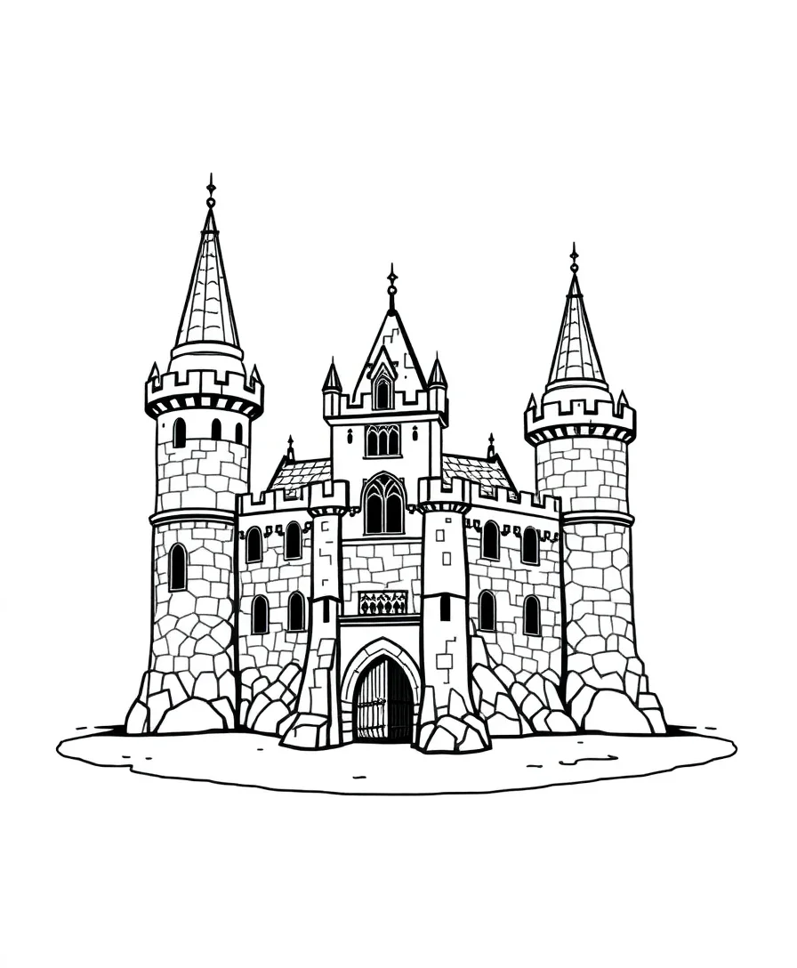 A detailed castle with towers and stonework, great for coloring