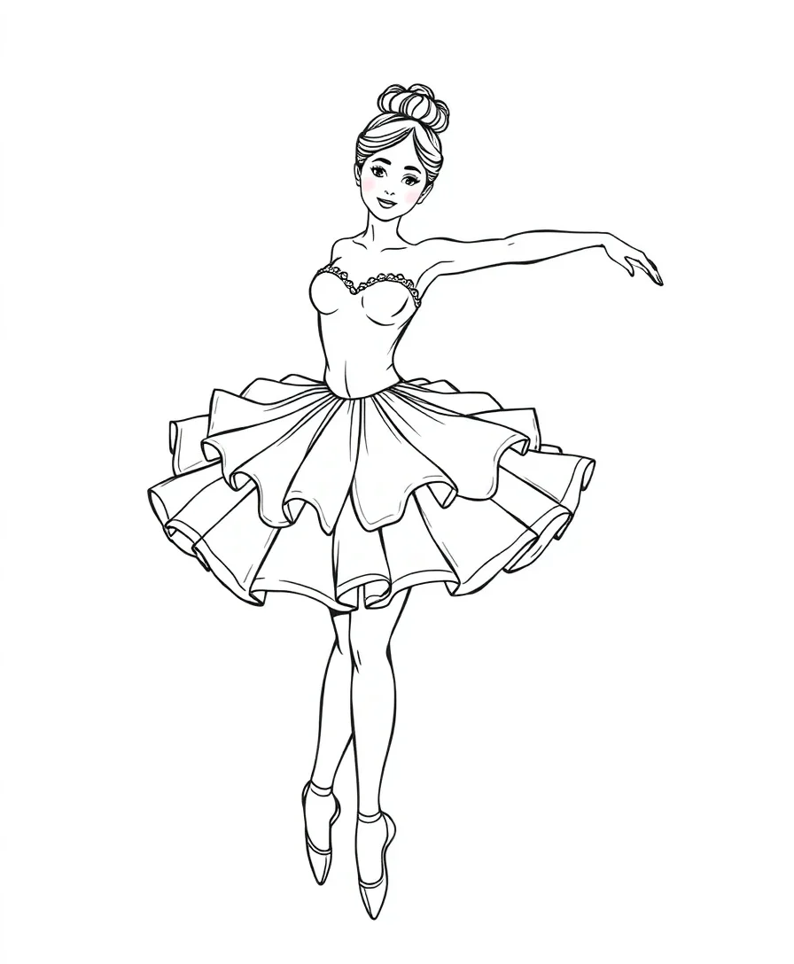 A detailed ballerina in mid-pose with a tutu, perfect for coloring