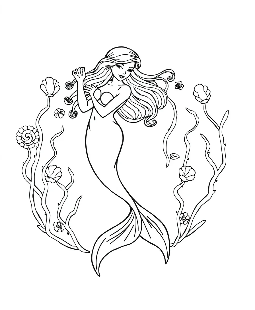 A mermaid with a detailed tail and underwater elements, ideal for coloring