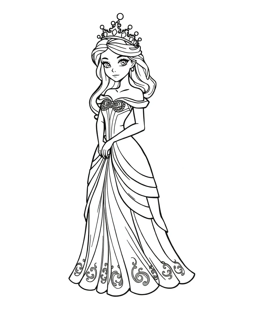 A detailed princess with a gown and crown, great for coloring