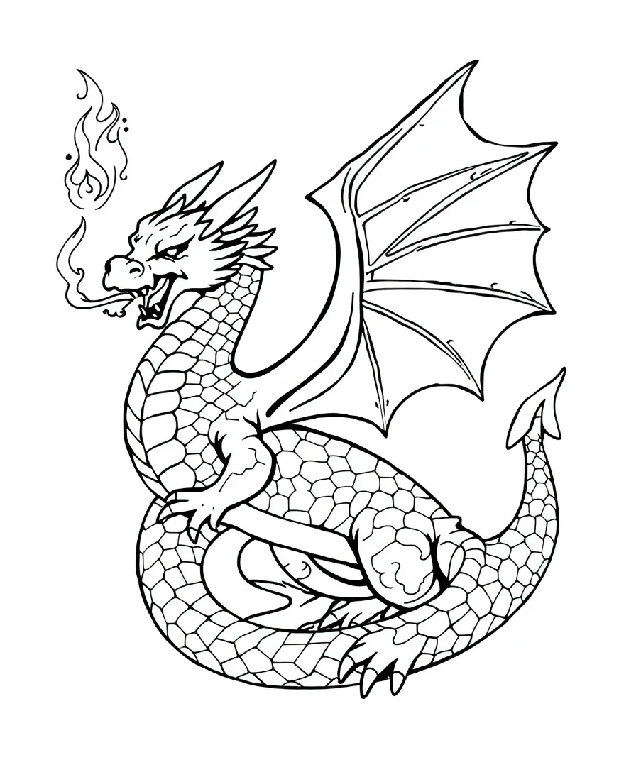 A detailed dragon with scales and wings, ideal for coloring