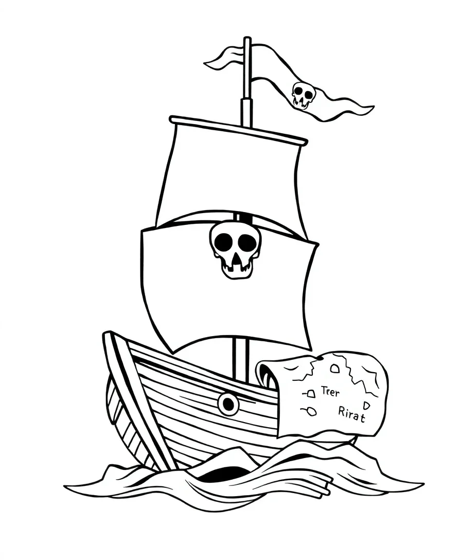 Line art of a pirate ship, treasure map, and pirate hat with bold outlines