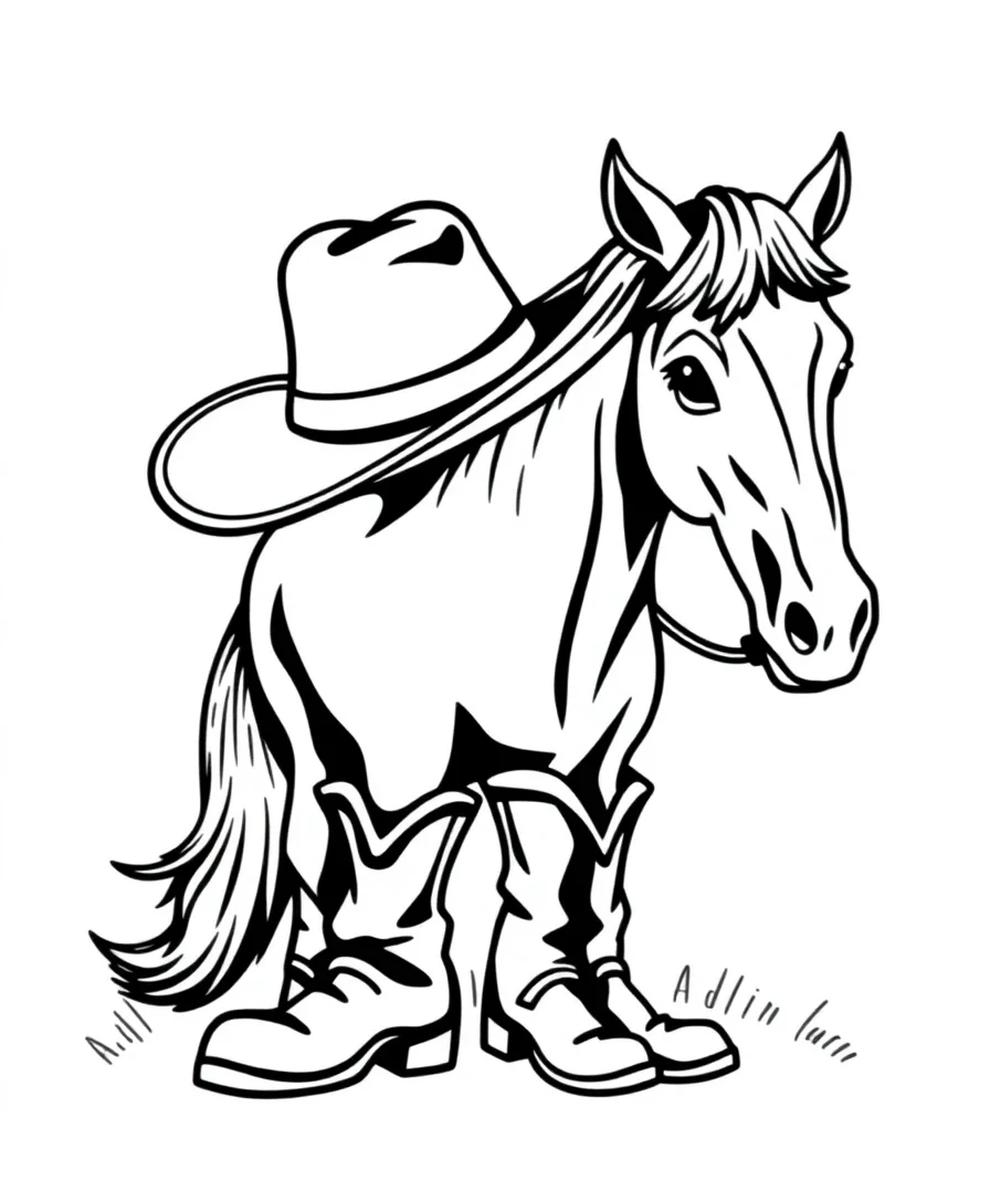 Line art of a cowboy hat, boots, and a horse