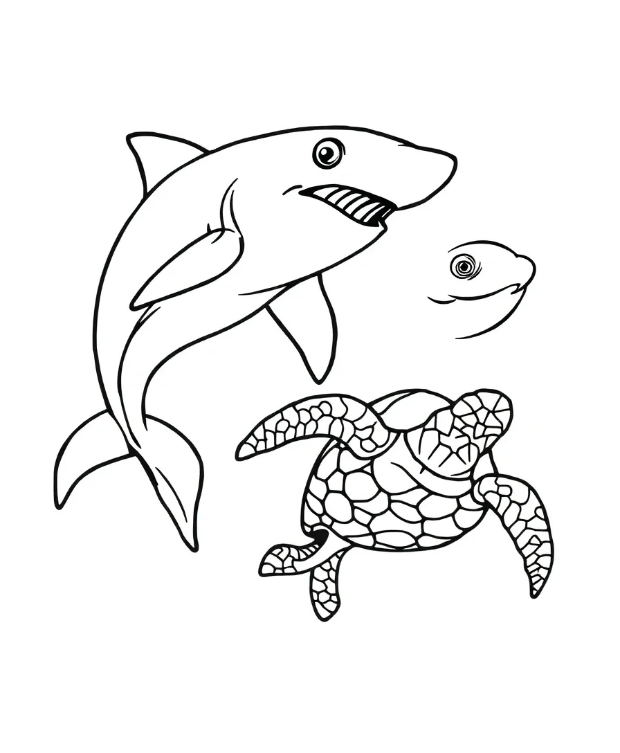 Line art of a shark, a dolphin, and a sea turtle